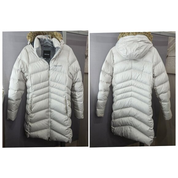 Marmot Puffer Jacket Coat Women Medium White 700 Fill Down Hooded Zipper FLAWS - Picture 1 of 14